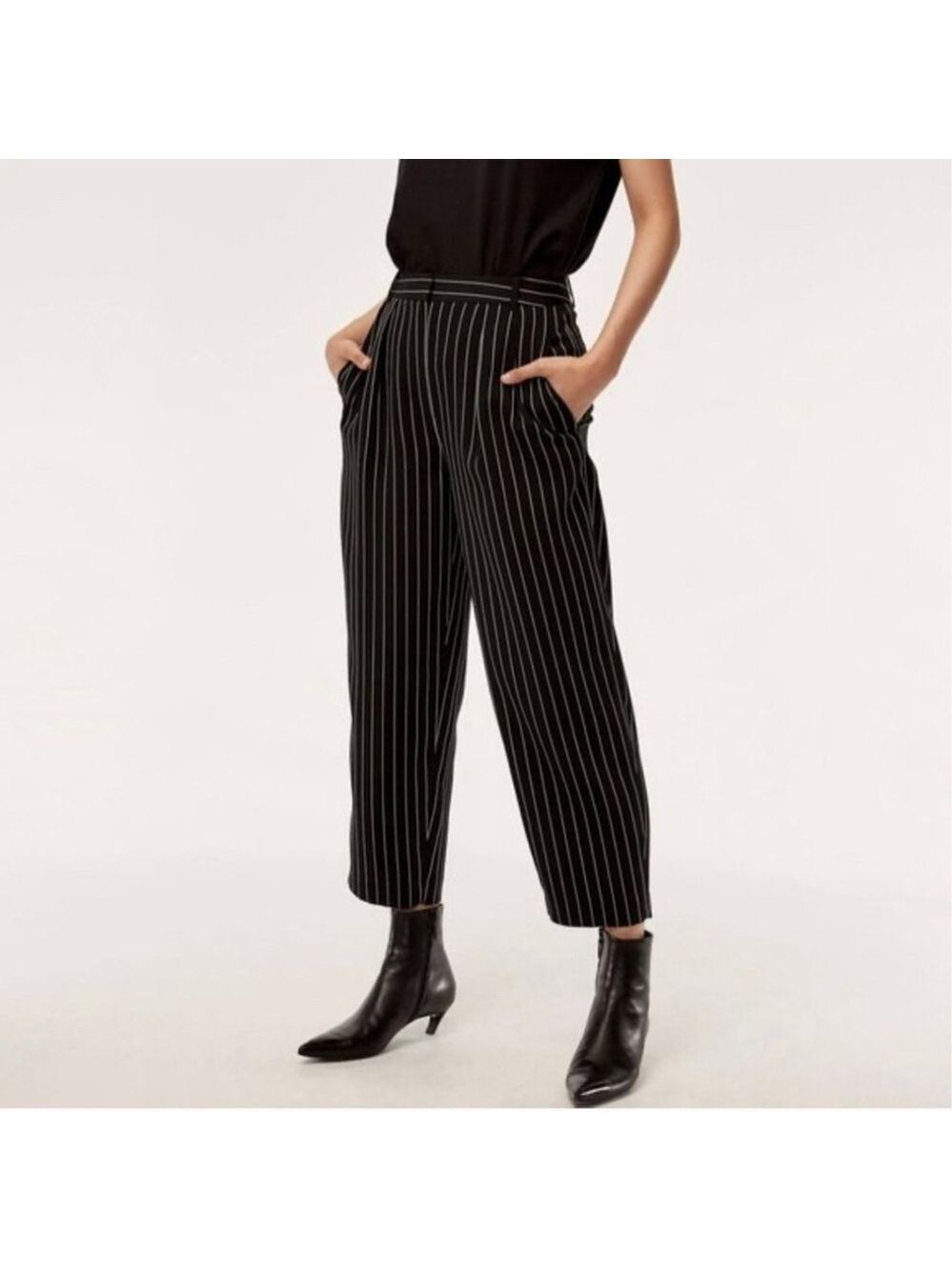 Aritzia Babaton Modesto NEW black pinstripe pleat front womens trousers Size 0